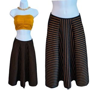 H&M Cognac Brown & Black Striped Netted A-line Midi Skirt Size 6